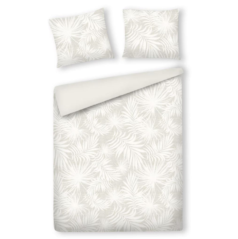 Béžové obliečky zo saténovej bavlny s bielymi vzormi elegantných palmových listov.