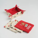 Červeno béžový textilný kôšík s príslušenstvom.