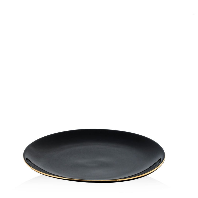 Čierny porcelánový dezertný tanier so zlatým lemom.
